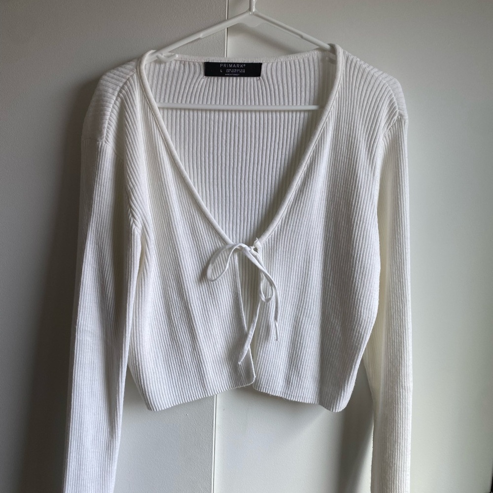 White Ribbed Tie-Front Top